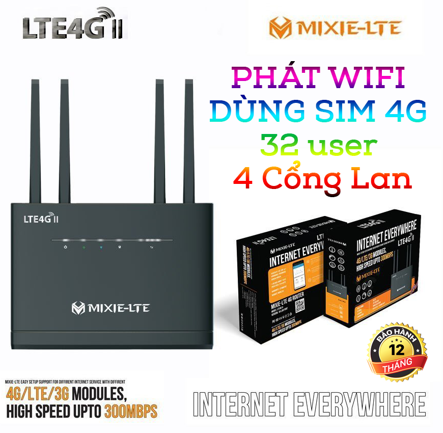 BỘ PHÁT 4G WIFI MIXIE LTE 4G - 4 ANTEN - 4 CỔNG LAN HỖ TRỢ LÊN ĐẾN 32 THIẾT BỊ , CHÍNH HÃNG