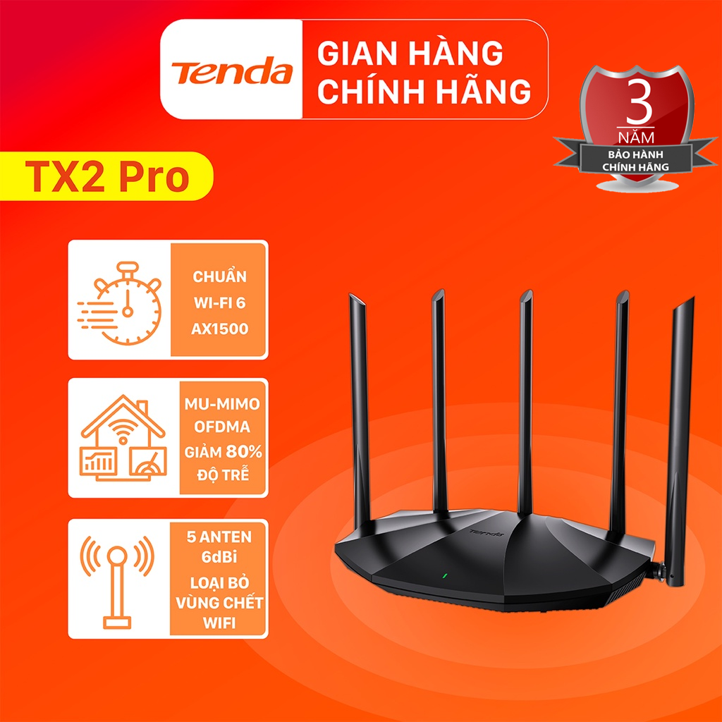 TBỘ PHÁT WIFI 6 TENDA TX2 PRO - CHUẨN AX1500Mbps | 2 BĂNG TẦN | 5 ANTEN TX2PRO