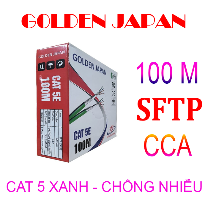 Cable LAN GOLDEN JAPAN SFTP CAT5E 100m Xanh lá (Chống nhiễu 2 lớp, Sợi cường lực đơn, Nhôm mạ đồng)