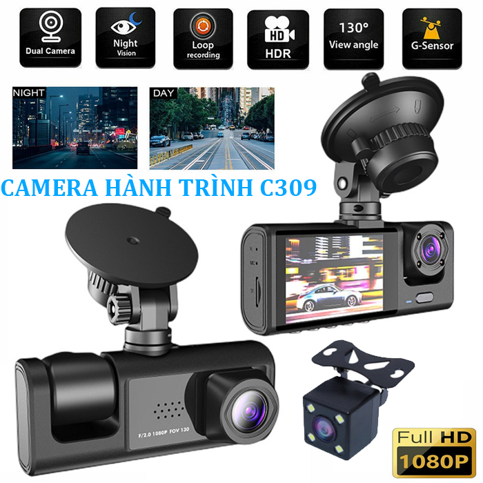 CAMERA HÀNH TRÌNH Ô TÔ C309 3 MẮT 1080P , KÈM CAMERA LÙI