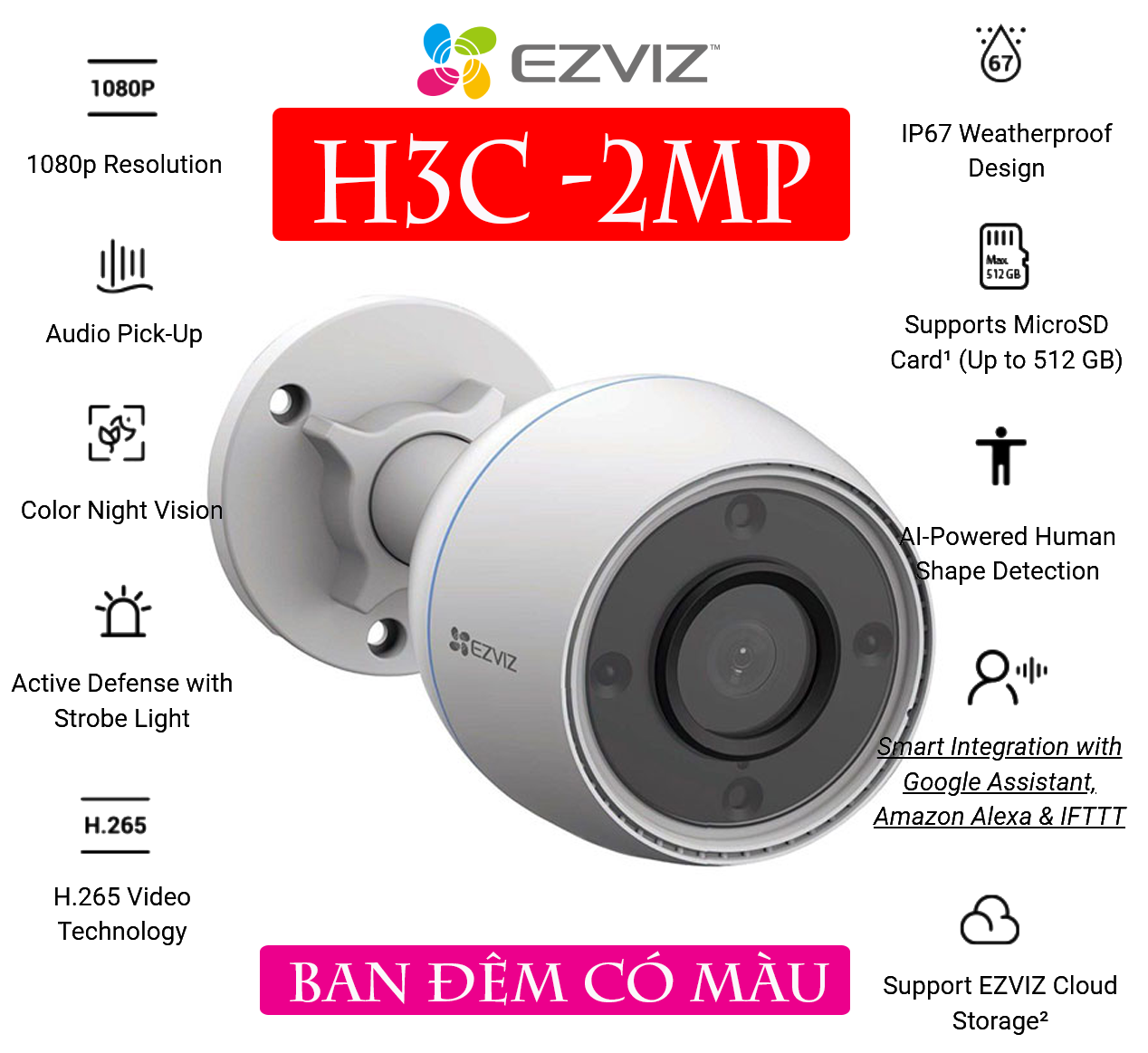 Camera (Ngoài Trời) Wifi Ezviz H8c 4MP 2K+ 360 độ đàm thoại 2 chiều EZVIZ H3C 2MP Color CHÍNH HÃNG