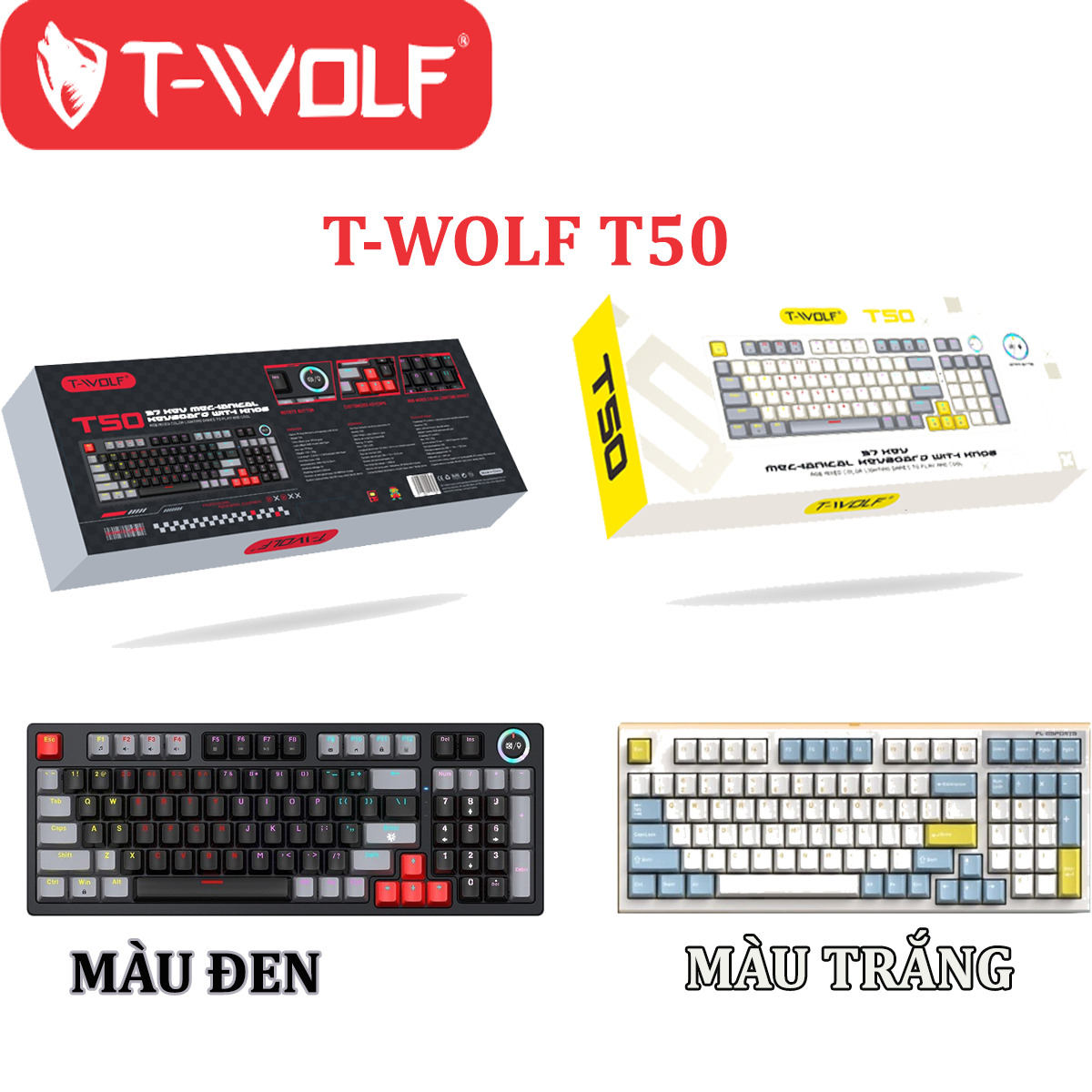 KEYBOARD CƠ GAMING T-WOLF T50 97 PHÍM 2 MÀU TRẮNG VÀ ĐEN PHÍM CƠ