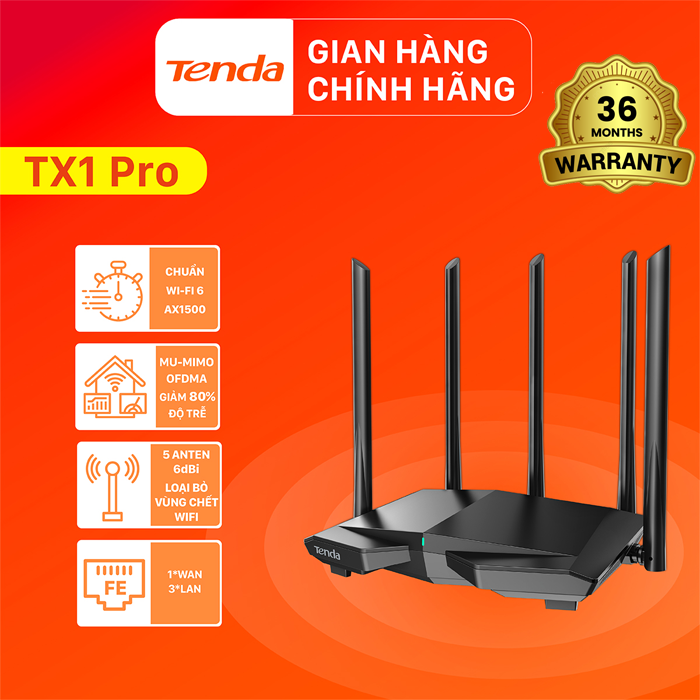 Phát Wifi Tenda TX1 PRO AX1500 Chính hãng (5 anten 6dBi, 1201Mbps, 6 băng tần kép, 3LAN)